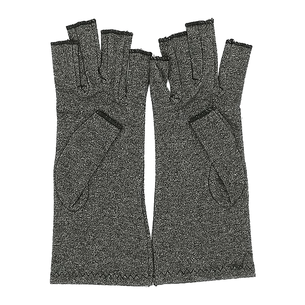 Pair of gray fingerless gloves on a white background