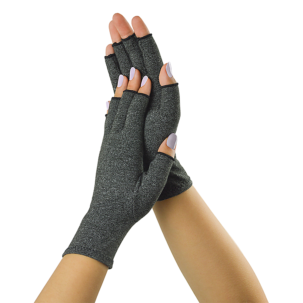 Pair of gray compression gloves on a white background