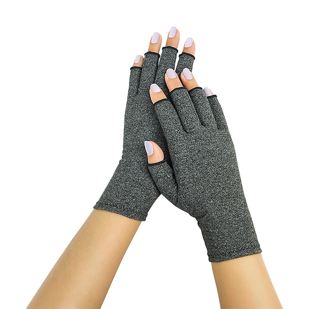 Pair of gray compression gloves on a white background