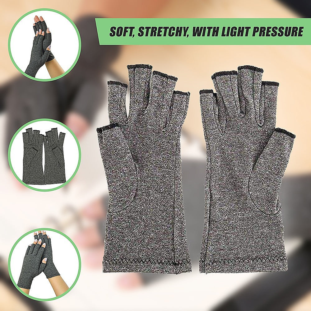 Pair of gray compression gloves with text indicating softness, stretchiness, and light pressure on a blurred background.