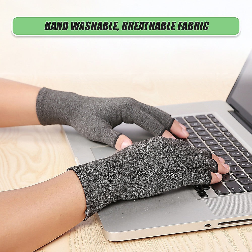 Person wearing gray fingerless gloves using a laptop with text 'Hand Washable, Breathable Fabric' at the top.