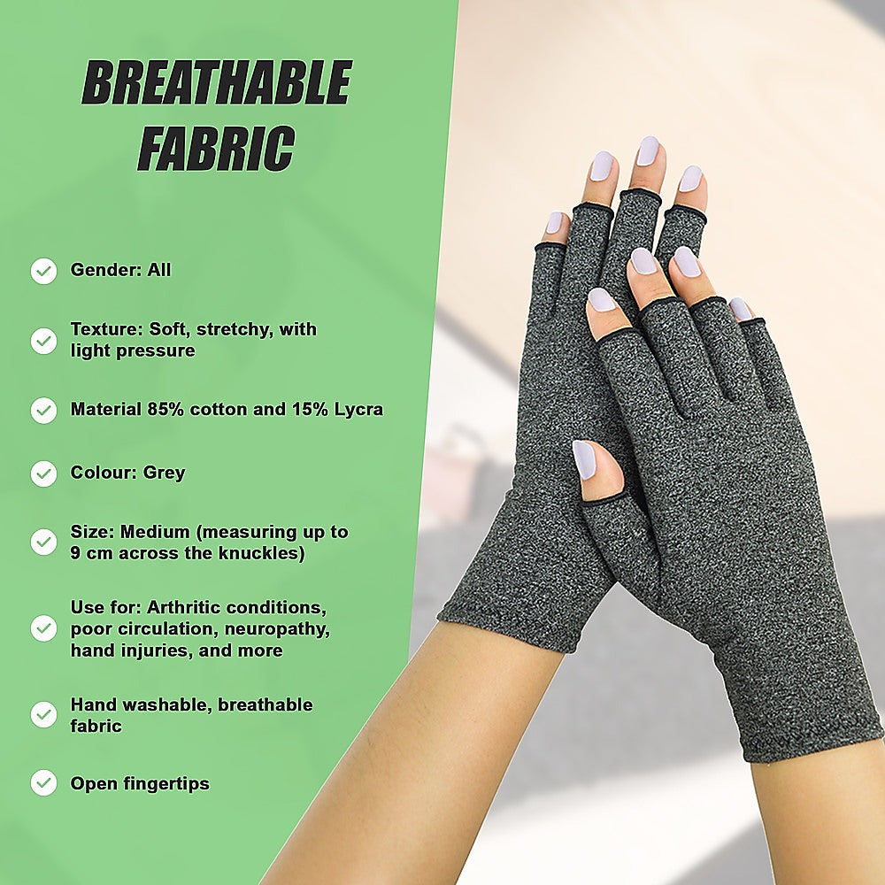 Gray compression gloves with text on breathable fabric and glove features.