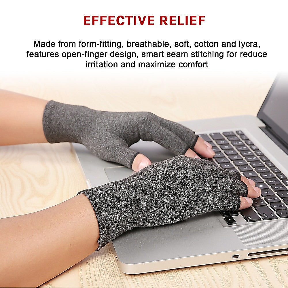 Person wearing compression gloves using a laptop with text about glove features.