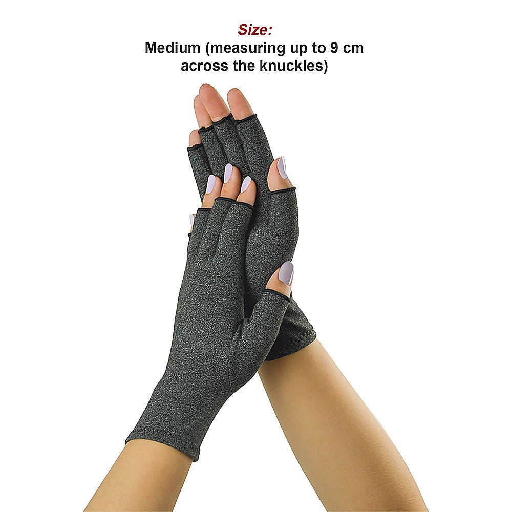 Pair of gray compression gloves on a white background with text indicating size.
