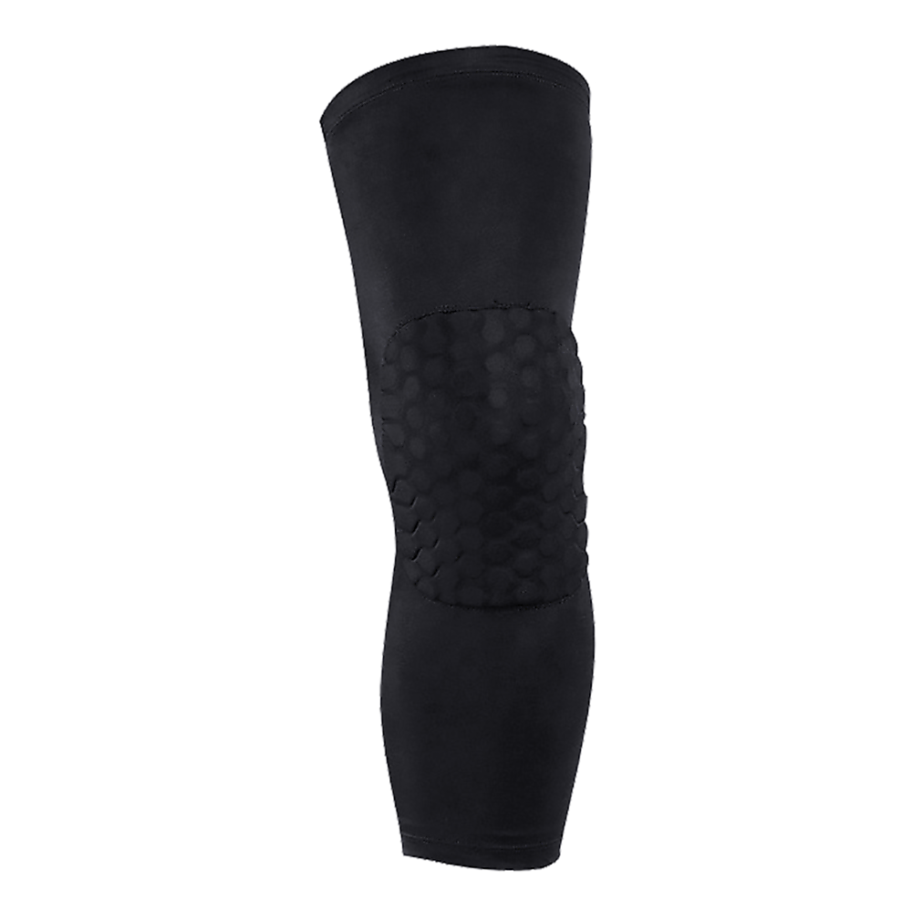 Black knee pad with honeycomb pattern on a white background