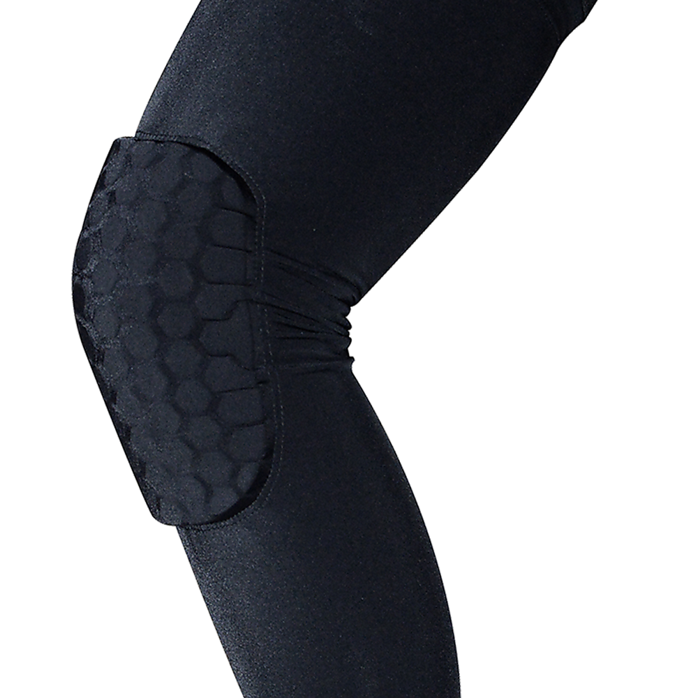 Black knee pad with honeycomb pattern on a white background