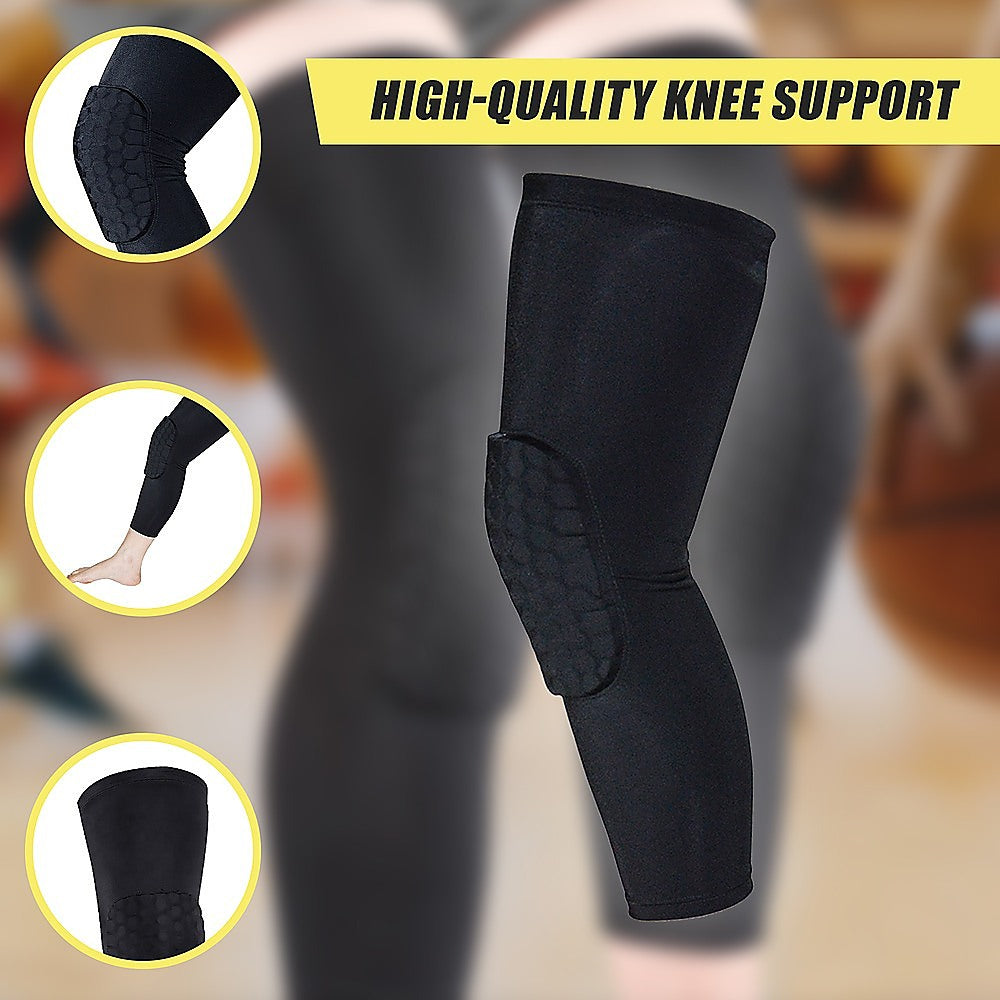 Black knee support with insets showing different angles on a blurred background