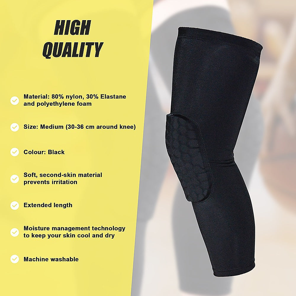 Black knee pad with product details on a yellow background