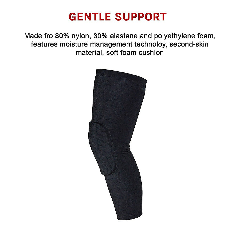 Black knee support brace with text about material and features on a white background
