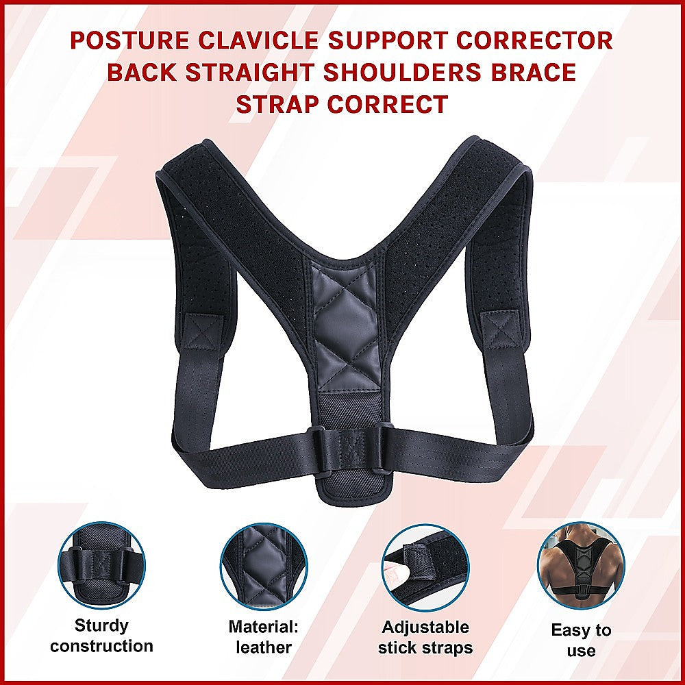 Black posture clavicle support corrector on a light pink background with text and icons.