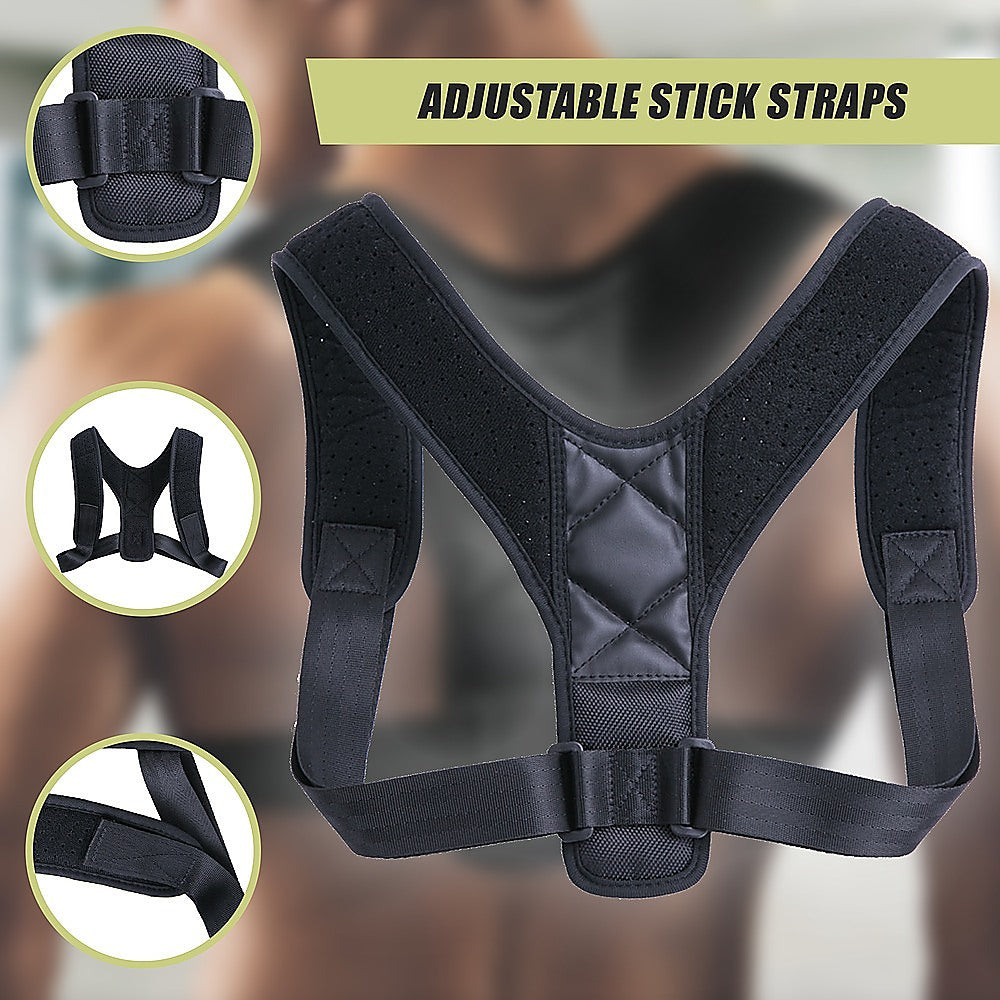 Black posture corrector with adjustable straps on a blurred background