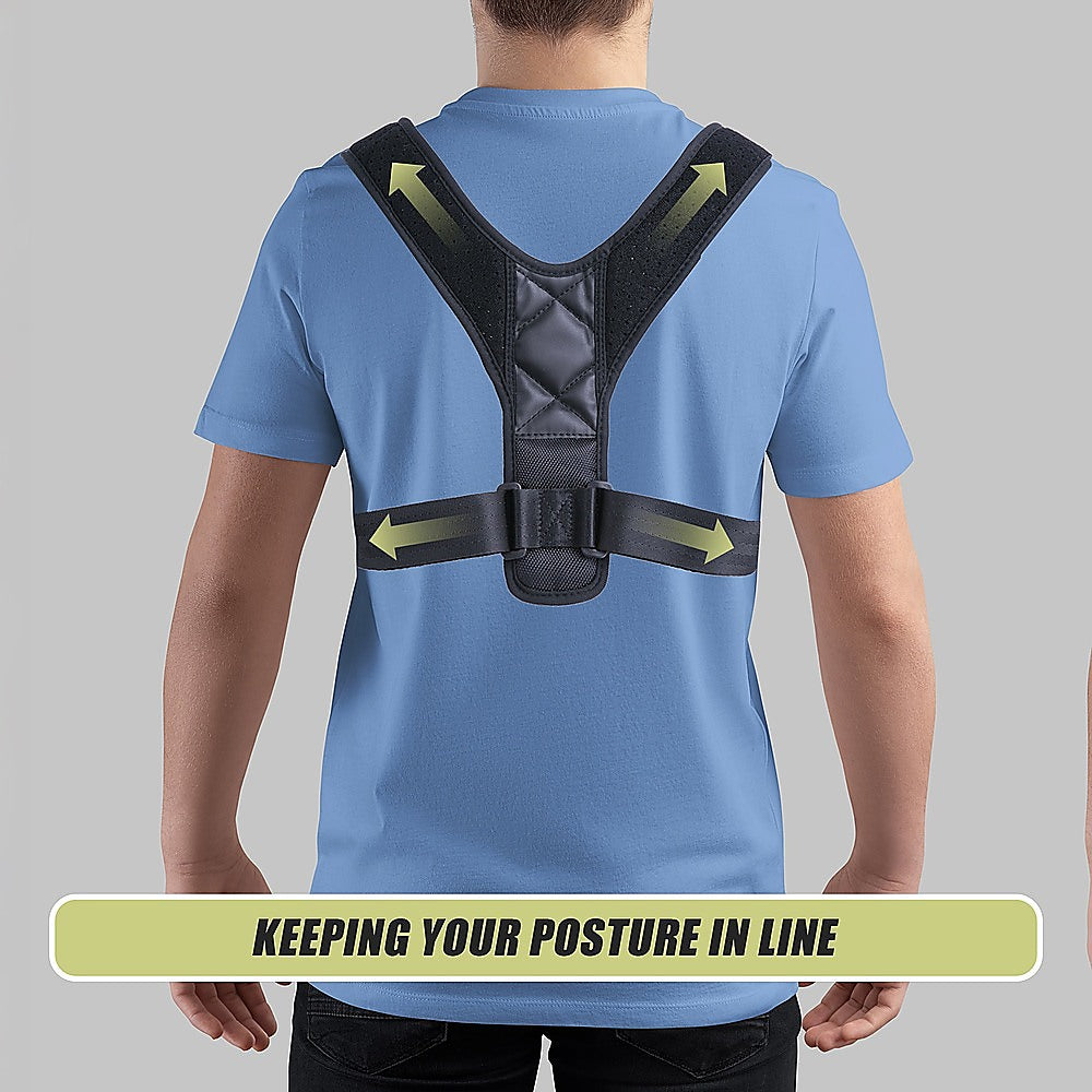 Person wearing a back posture corrector with text 'Keeping your posture in line' on a gray background