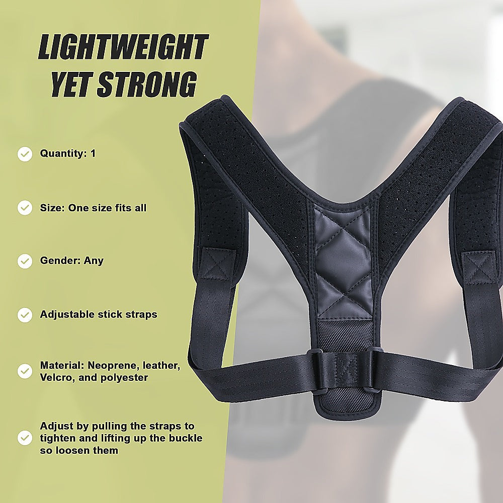 Black posture corrector with product details on a green and gray background