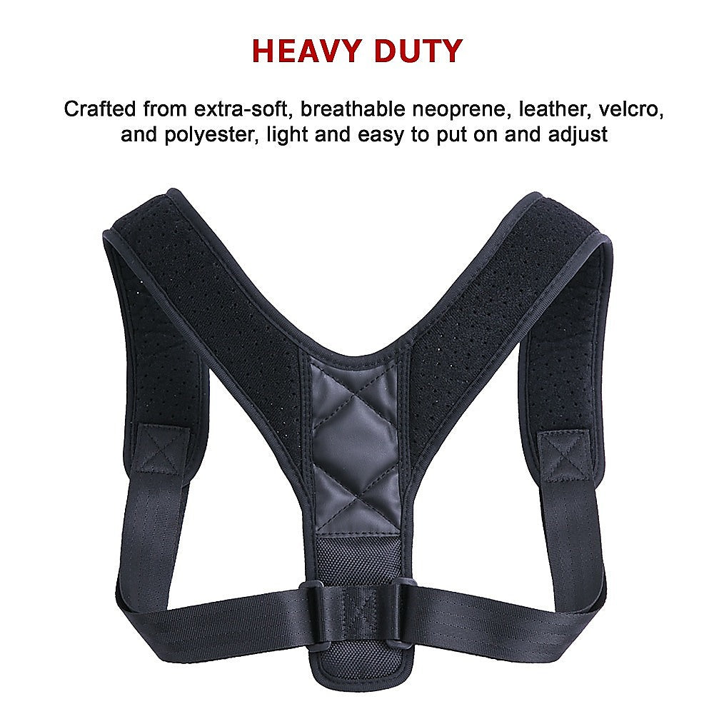 Heavy-duty black posture corrector with text on a white background