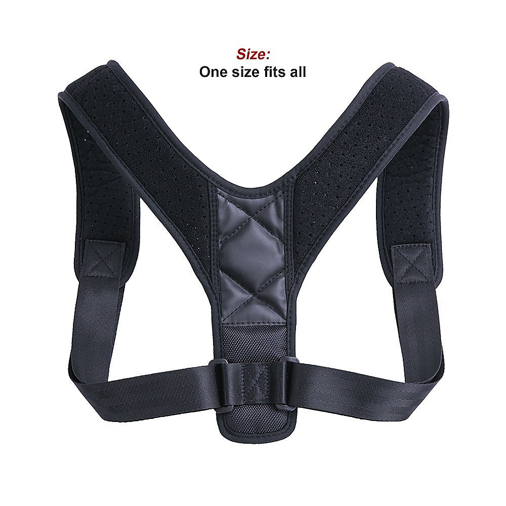 Black posture corrector on a white background with text indicating 'One size fits all'.