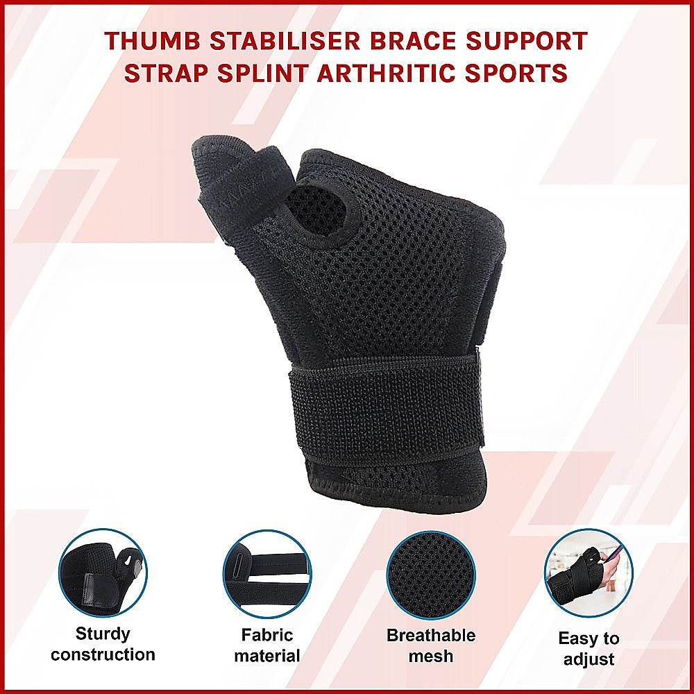Black thumb stabilizer brace on a white background with text and icons indicating features.