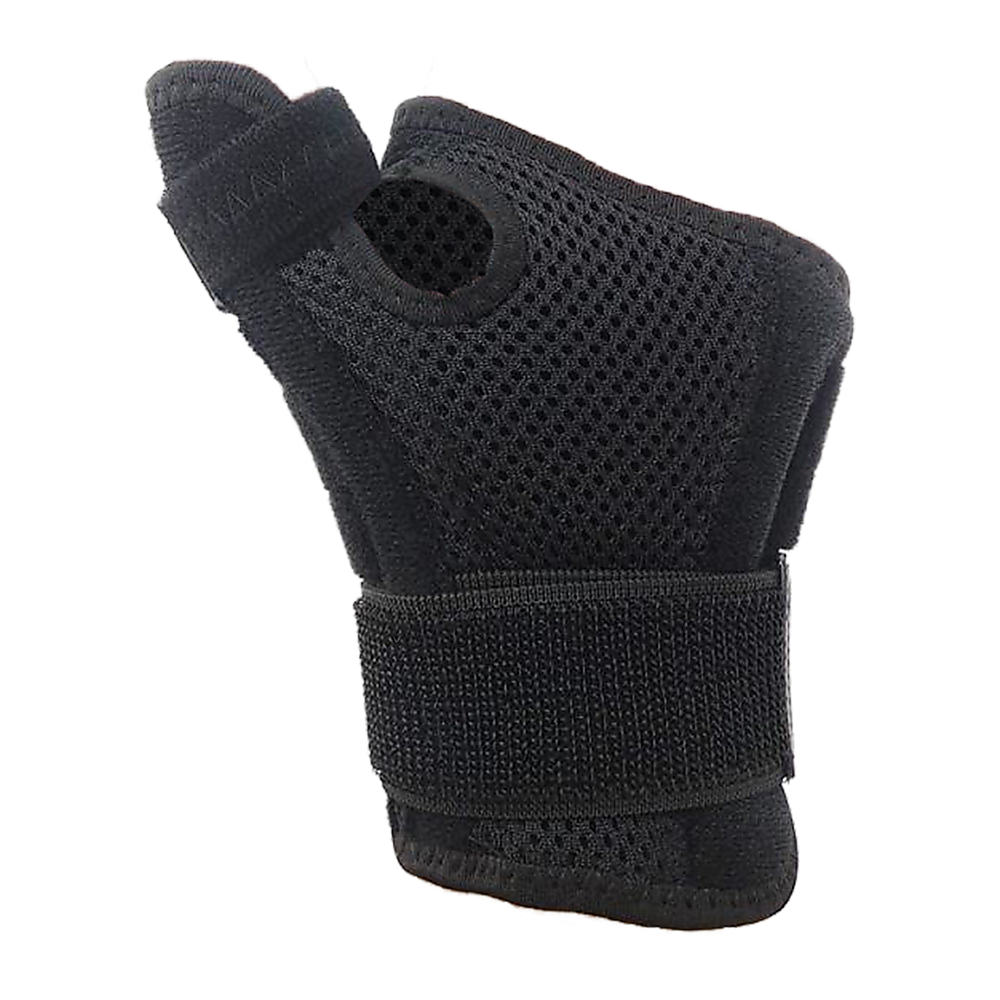 Black half-finger glove with wrist support on a white background