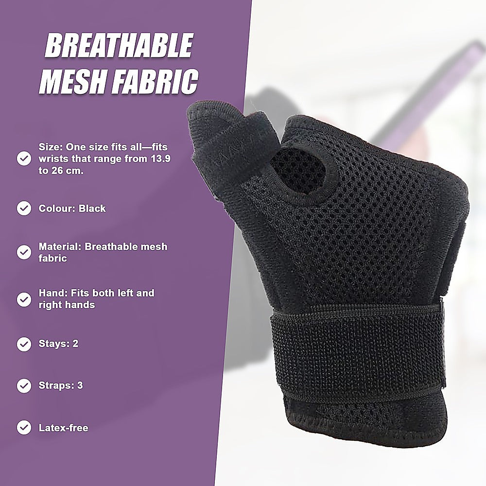 Black breathable mesh fabric glove on a white background with purple text box containing product details.