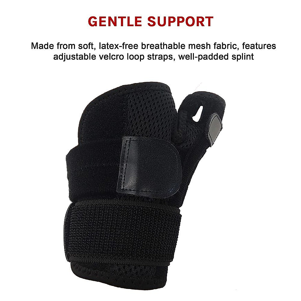 Black wrist support brace with text about gentle support on a white background