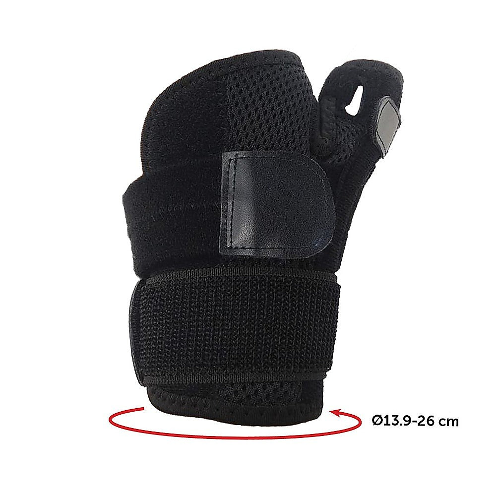Black wrist support brace on a white background with measurement details.
