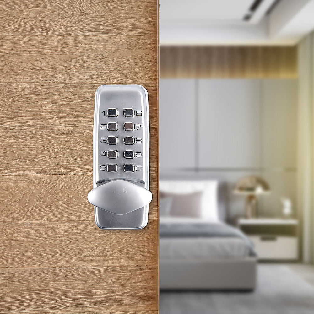 Digital door handle on a wooden door with a blurred bedroom in the background