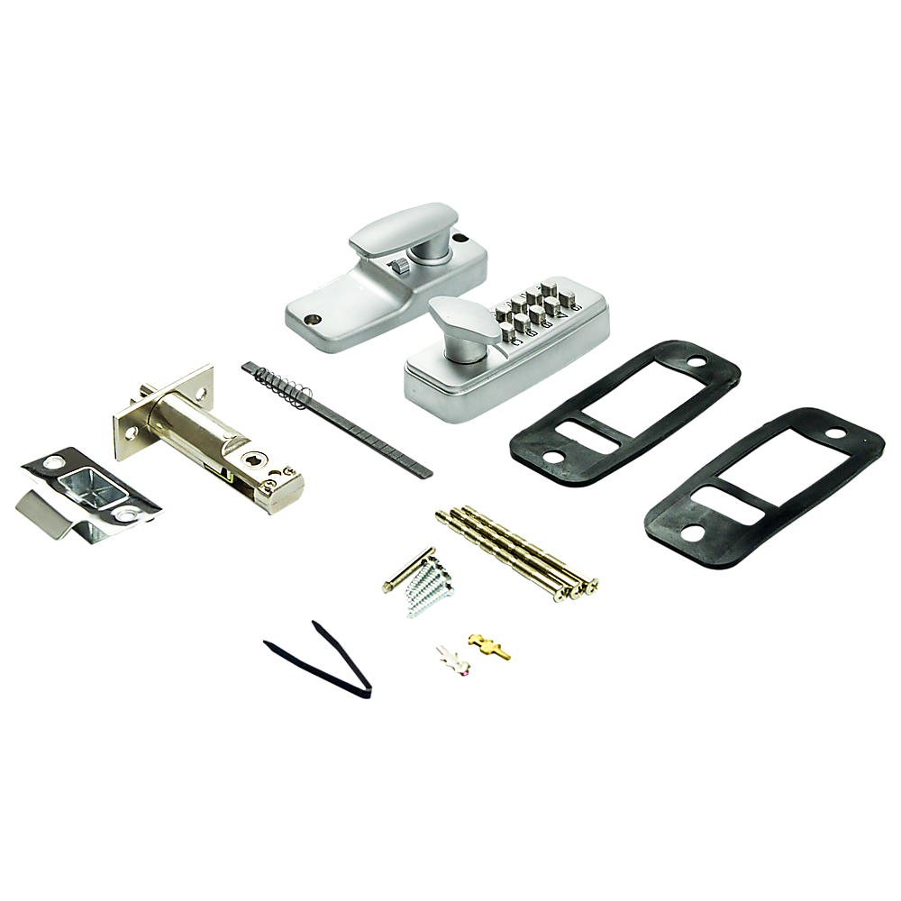 Door hardware components including a handle, lock, and various screws on a white background
