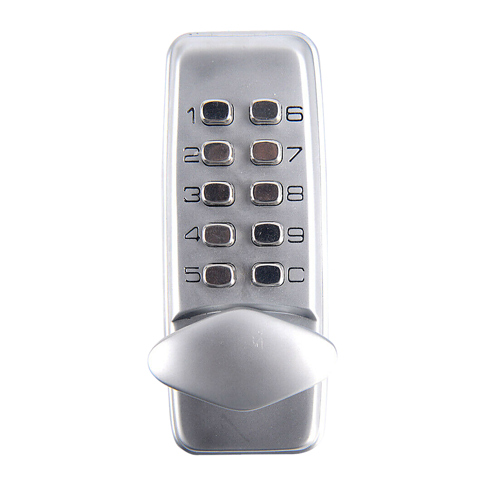 Silver electronic door lock with keypad on a white background