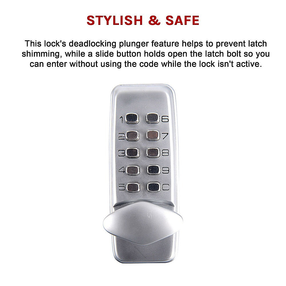 Digital lock with keypad on a white background, featuring text about its features.