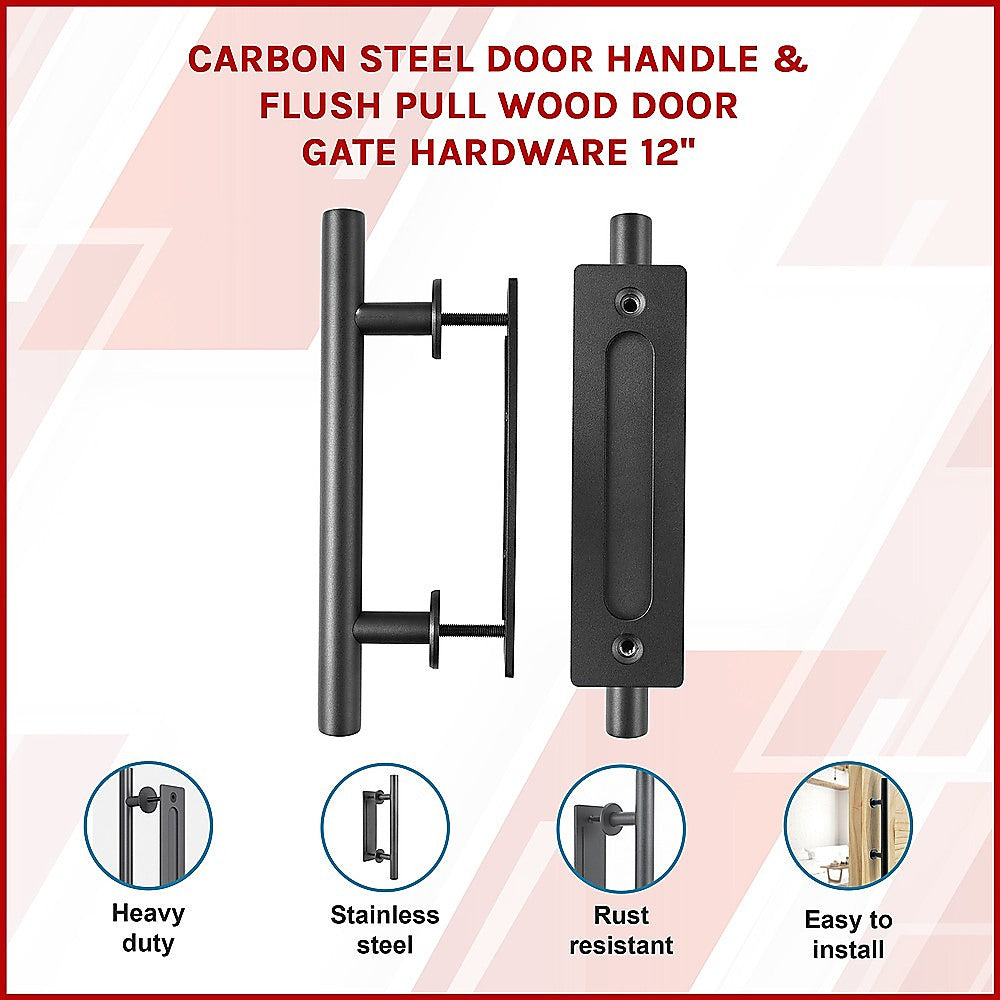 Carbon steel door handle and flush pull wood door gate hardware with features listed.