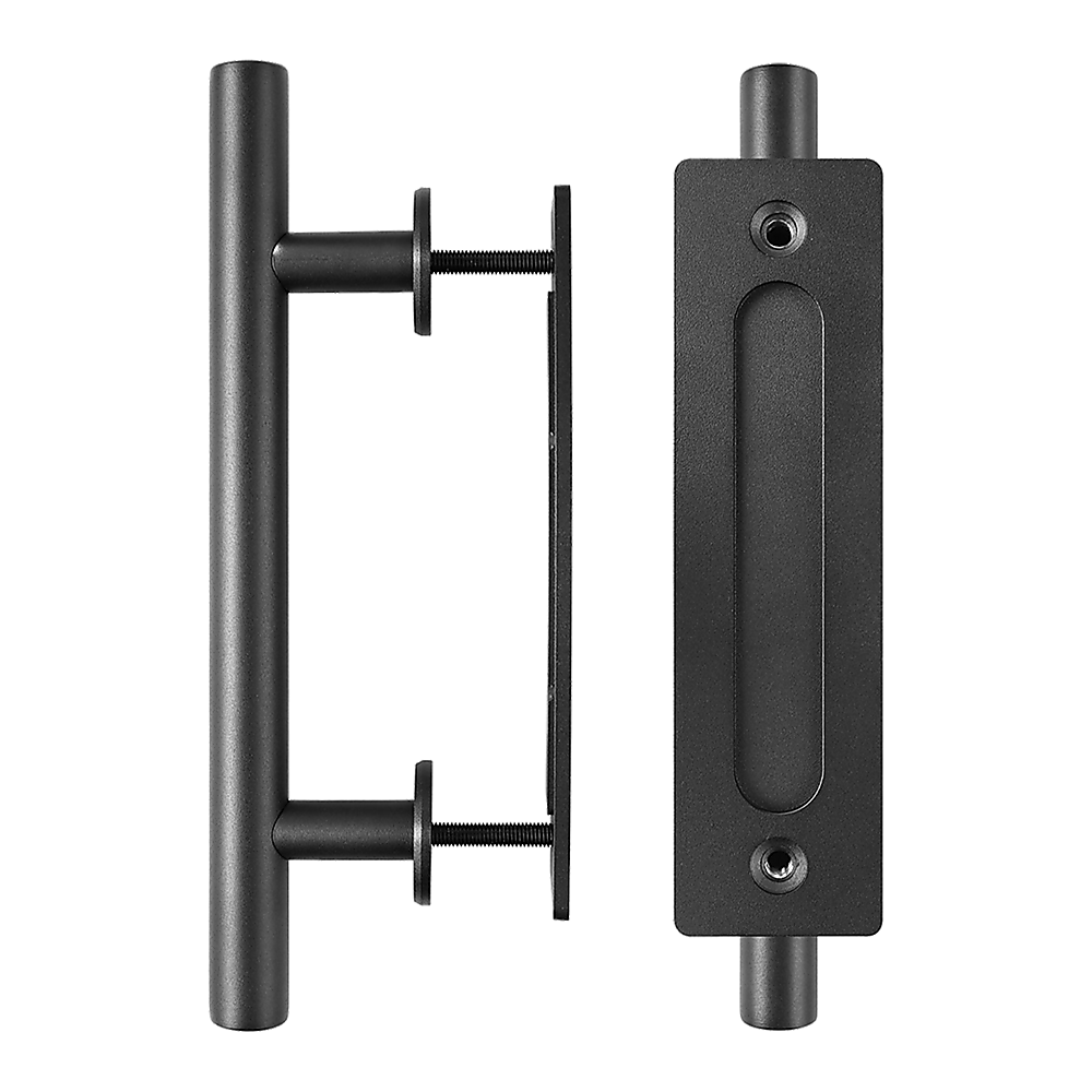 Black door handle and lock mechanism on a white background
