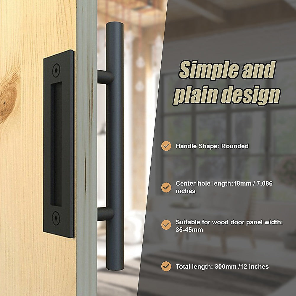 Black door handle on a wooden door with product details overlay.