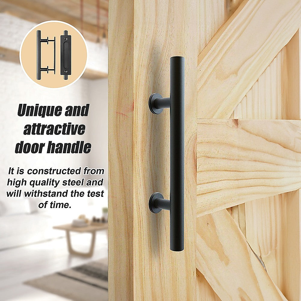 Black door handle on a wooden door with text highlighting its quality and durability.