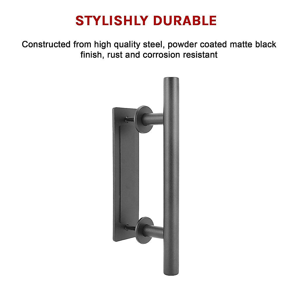 Black door handle with text highlighting durability and material quality on a white background