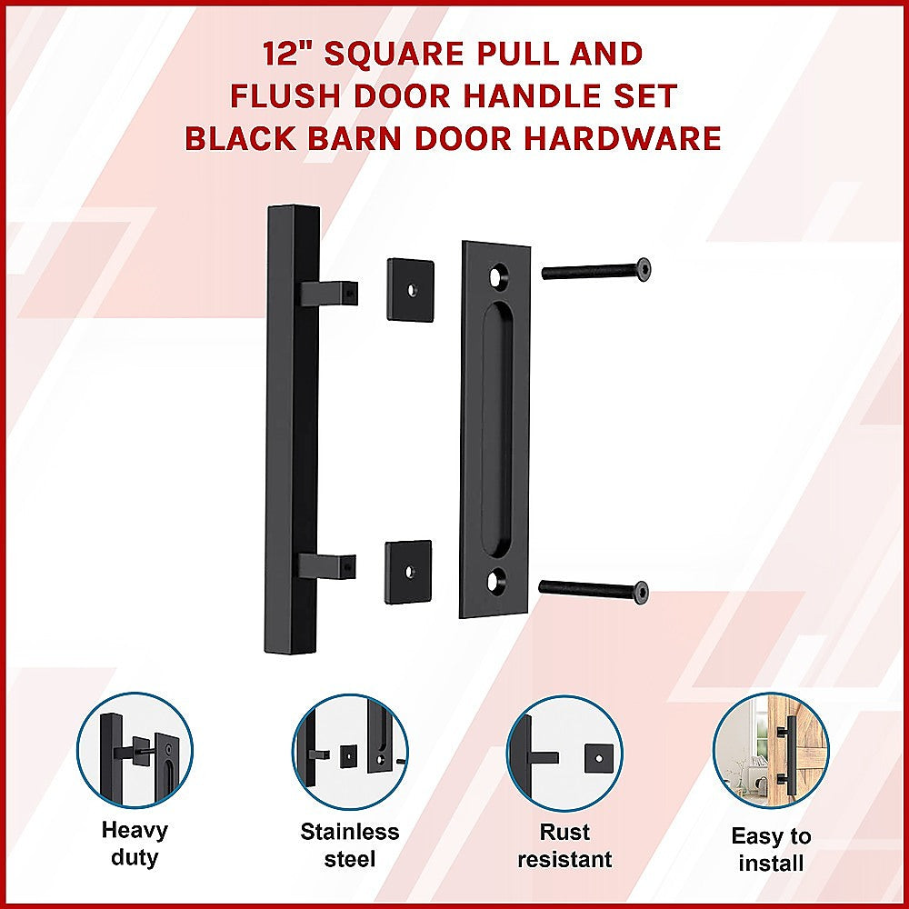 Black barn door hardware set with text on a white background