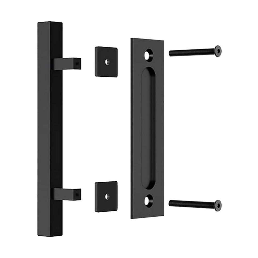 Black door handle set with screws on a white background