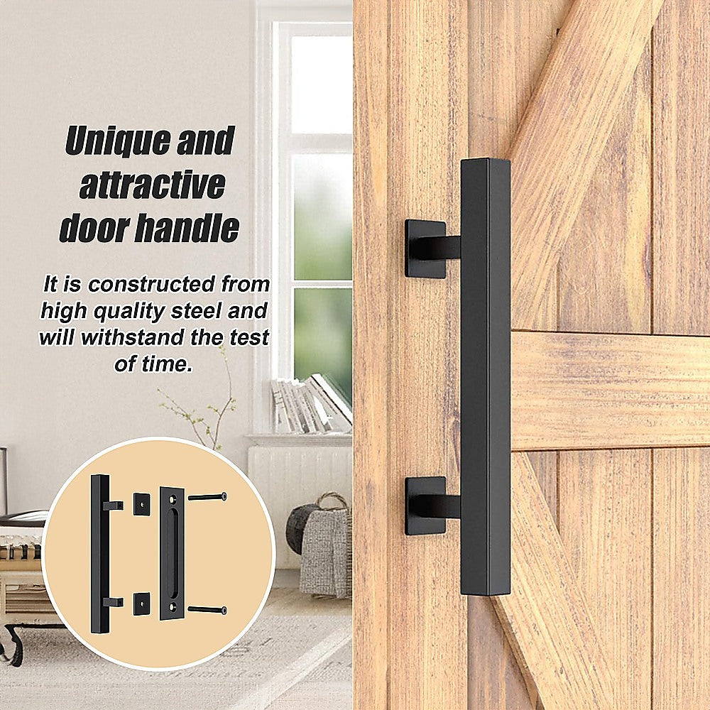 Wooden door with black door handle and text about its quality and durability.