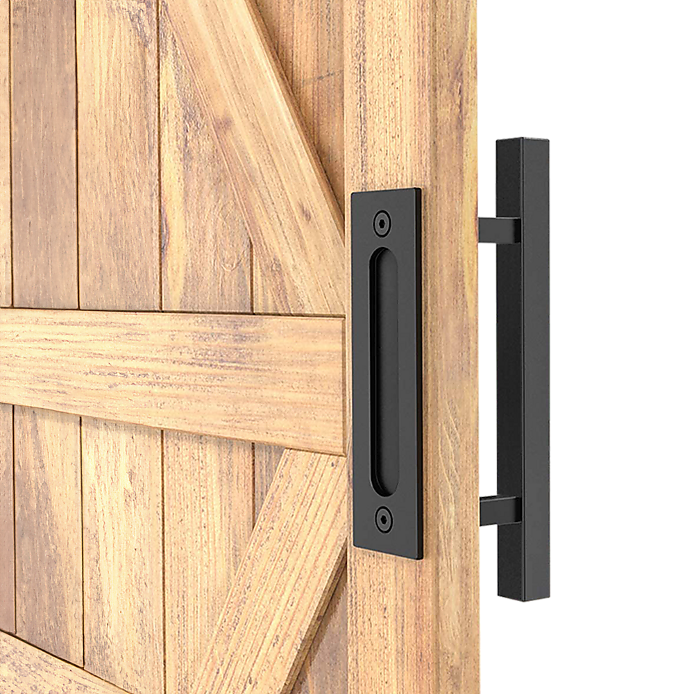 Wooden door with black handle and latch on a white background