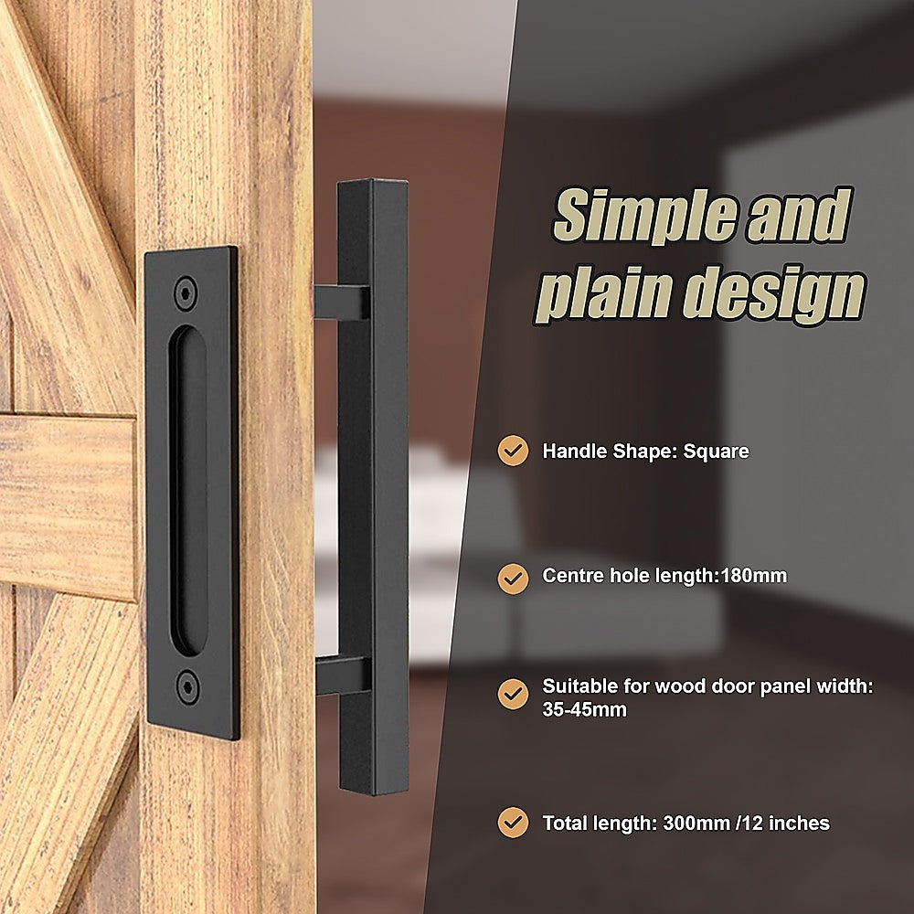 Wooden door with black handle and product details on a dark background
