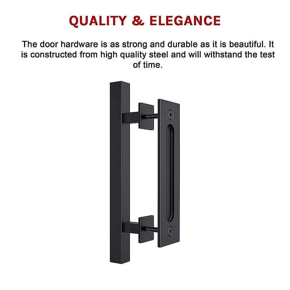 Black door handle with text about quality and elegance on a white background