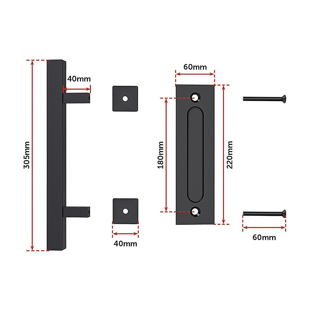 Black door handle and lock mechanism with measurements on a white background