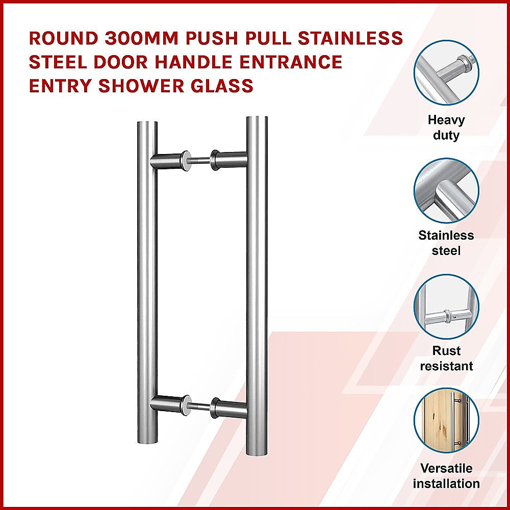 Stainless steel door handle with features highlighted on a red and white background