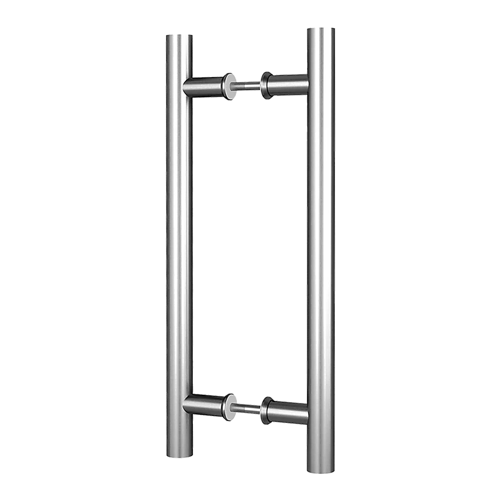 Stainless steel door handles on a white background