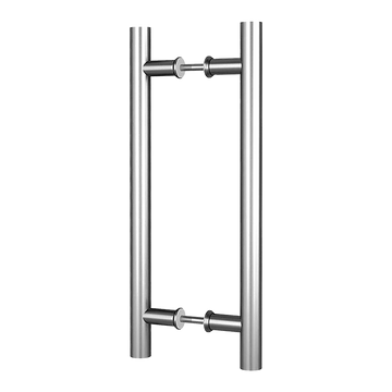 Stainless steel door handles on a white background