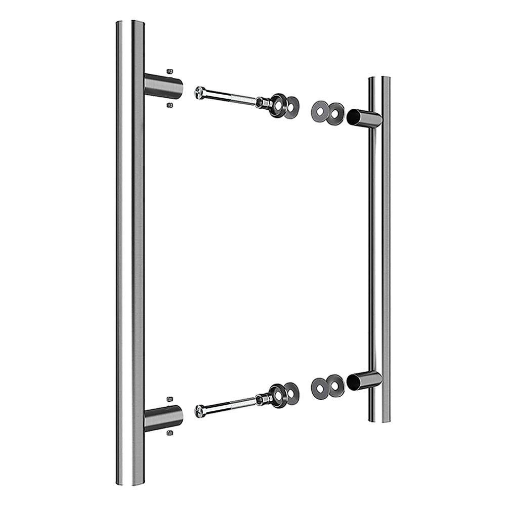 Metal door handle assembly on a white background