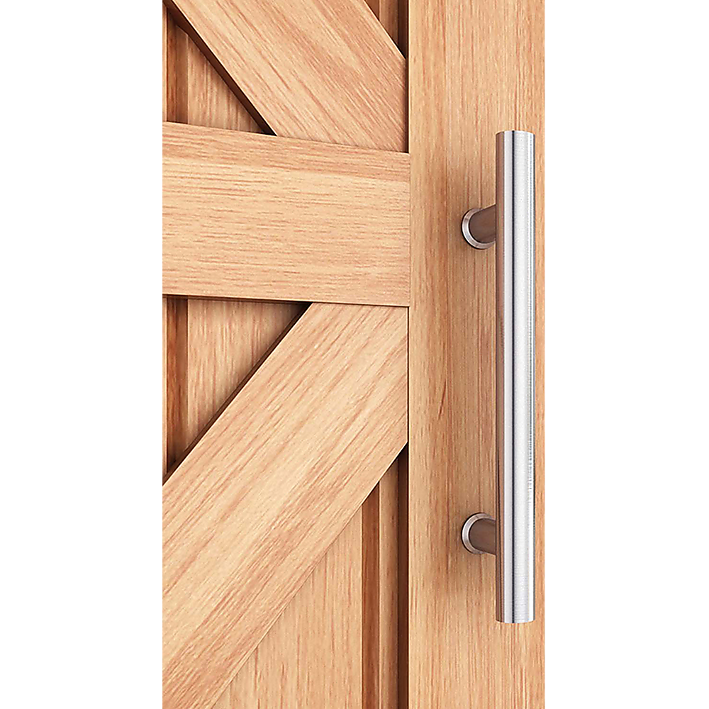 Wooden door with a metal handle on a white background