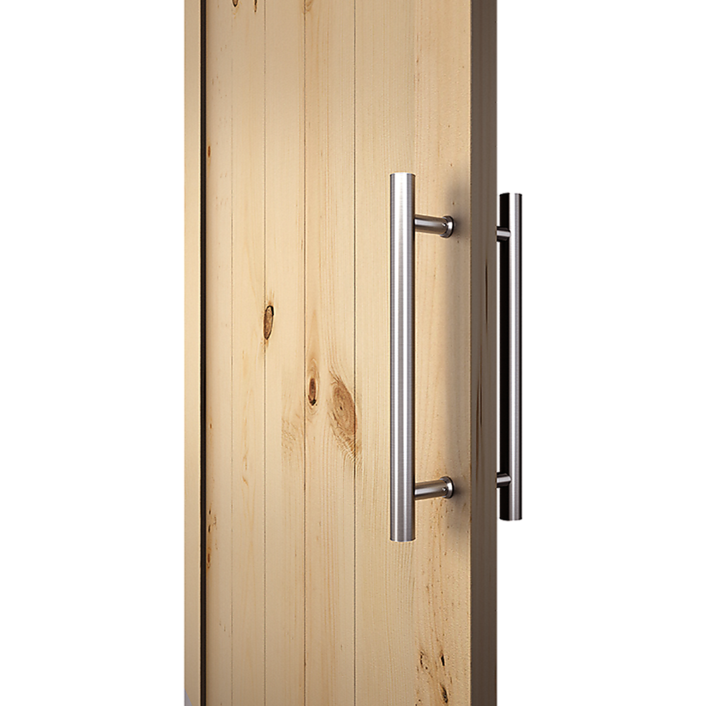 Wooden door with metallic handles on a white background