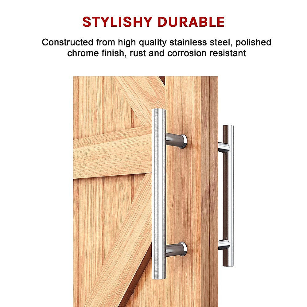 Wooden door with metallic handles on a white background, text indicating durability and material quality.