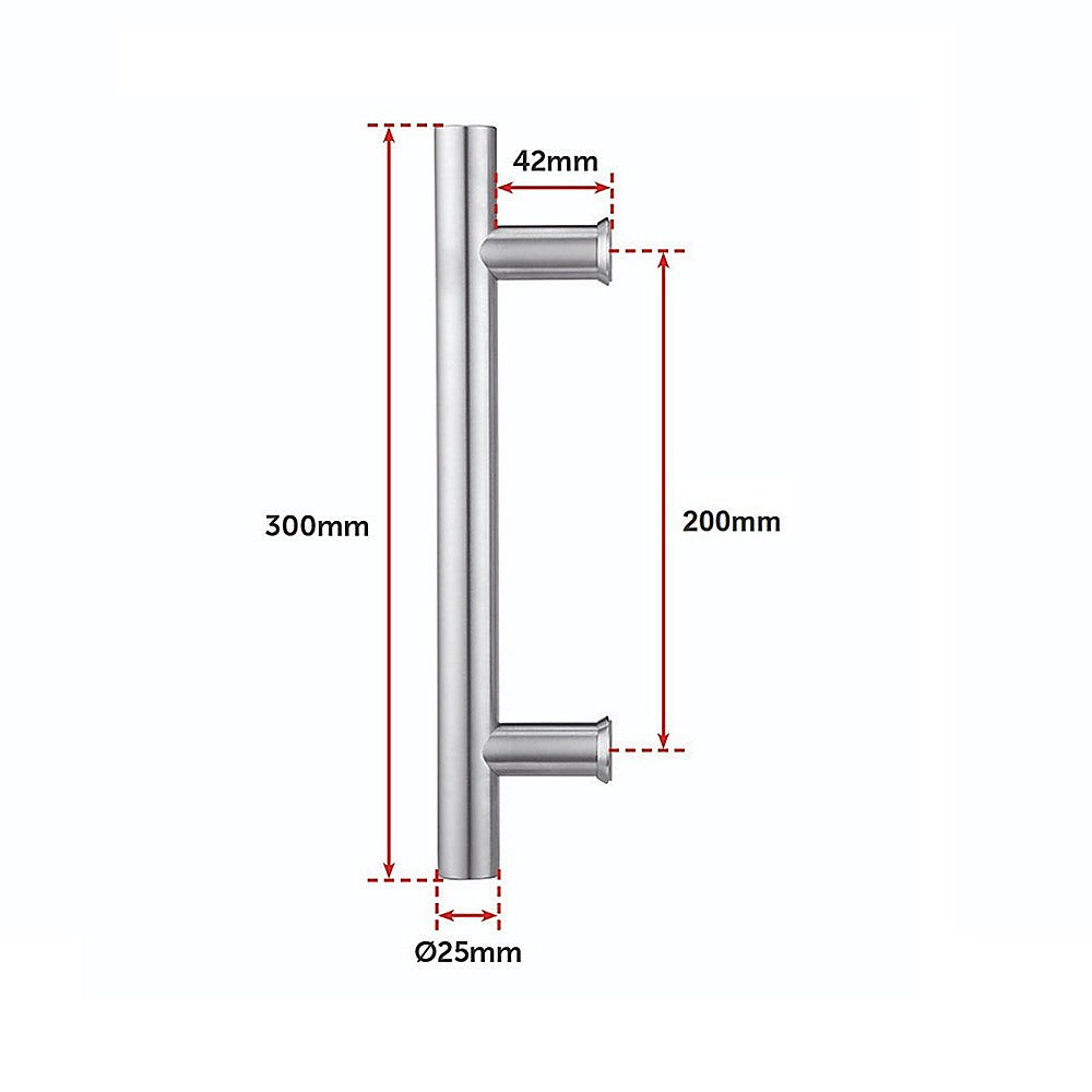 Measurement chart of a metallic handle with dimensions labeled on a white background