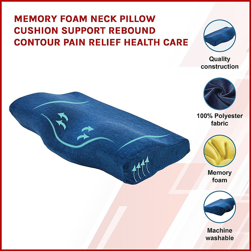 Blue memory foam neck pillow with text and icons on a white background