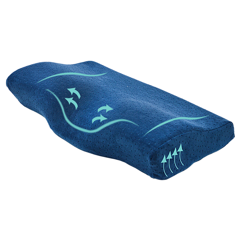 Blue ergonomic pillow with green design on a white background